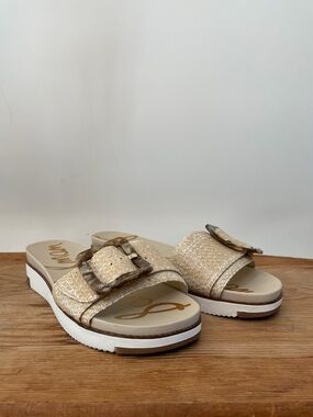 Sam Edelman Ariane Woven Raffia Eggshell Slides Platform Sandals Women’s 9.5